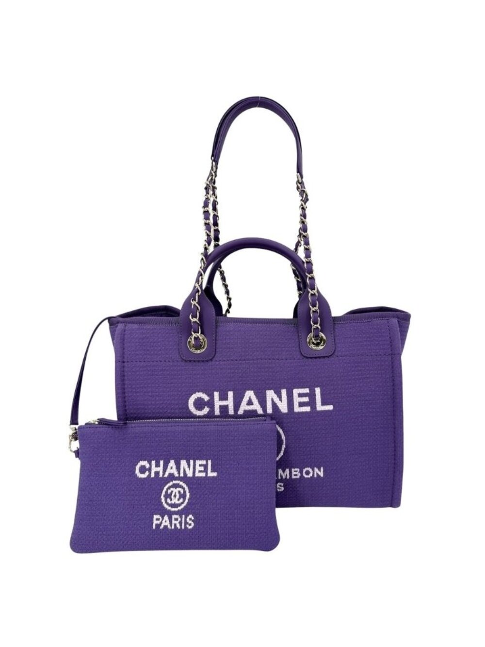 Chanel Handbag Deauville MM Chain Tote CC Logo Shoulder Cotton Canvas Purple